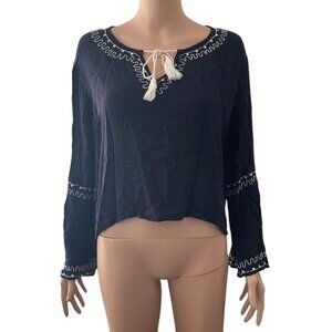 Band of Gypsies Blouse Womens Large Navy White Embroidered Tunic Bell Sleeve
